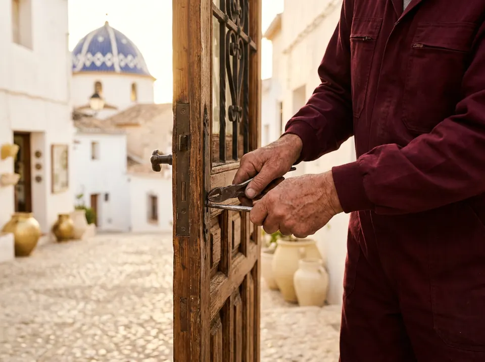 Cerrajero reparando la cerradura de una puerta antigua de madera con reja de forja